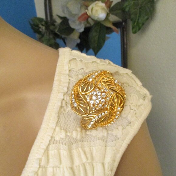 ESTATE STYLE Rhinestone Gold Brooch Earrings Set ~ VINTAGE Gold Plate Rhinestone - Picture 5 of 15